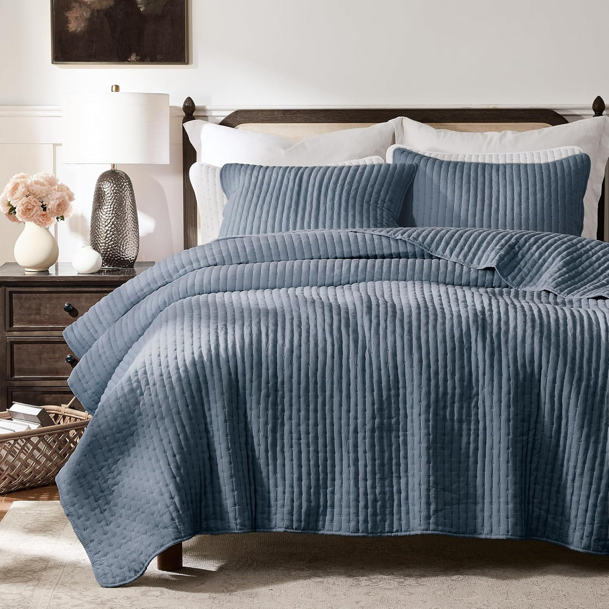 Blue Cross Stitch King Quilt Set, Striped Lightweight Soft Bedspread, Channel Farmhouse Rustic Coverlet, All Season