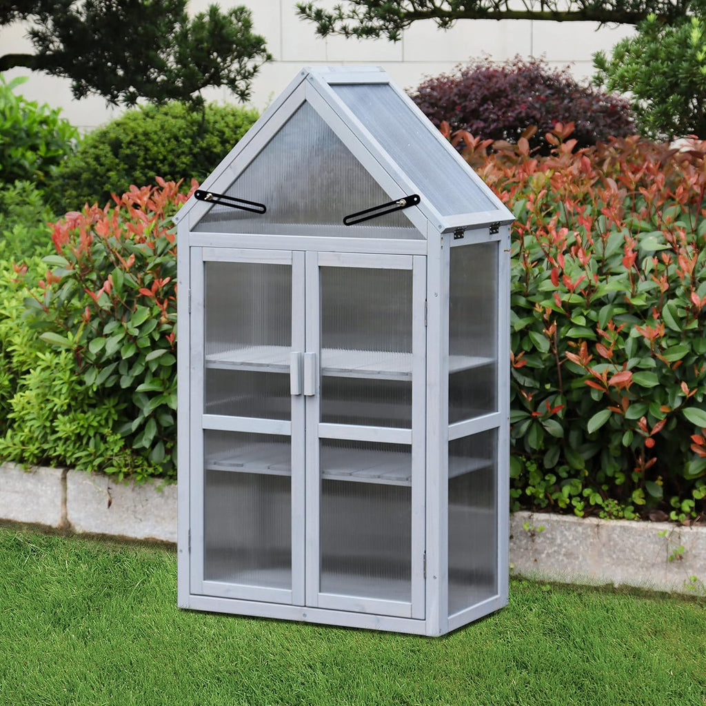 Compact UV-Resistant Cedar Mini Greenhouse Kit - Adjustable 2-Tier Plant Stand with Removable Shelves, Sliding Wall
