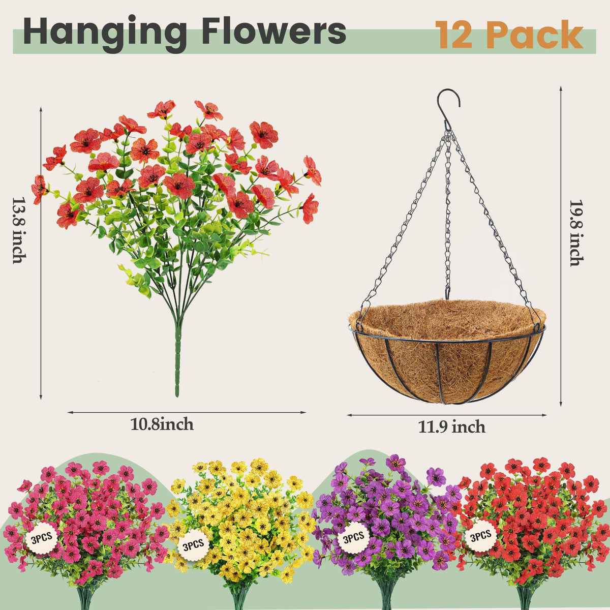 Artificial Hanging Flowers Basket for Outdoors Outside Fake Hanging Plants Spring Summer Decoration UV Resistant for
