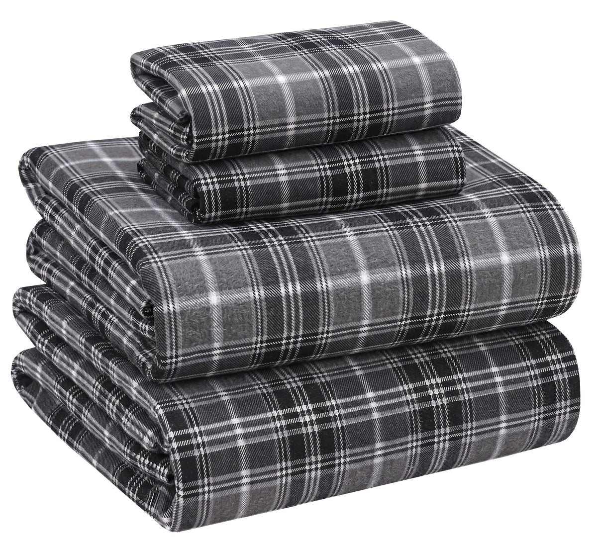 100% Cotton Flannel Sheets 4 Pcs Set, Grey Plaid