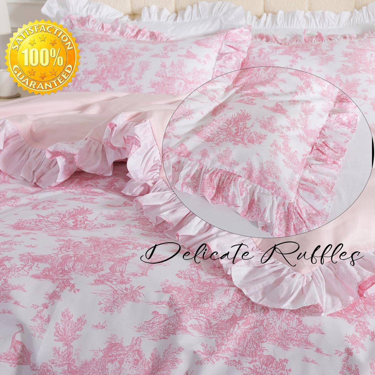 French Country Toile Duvet Cover Set Organic Cotton Farmhouse Bedding Set Pink Pastoral Pattern Breathable