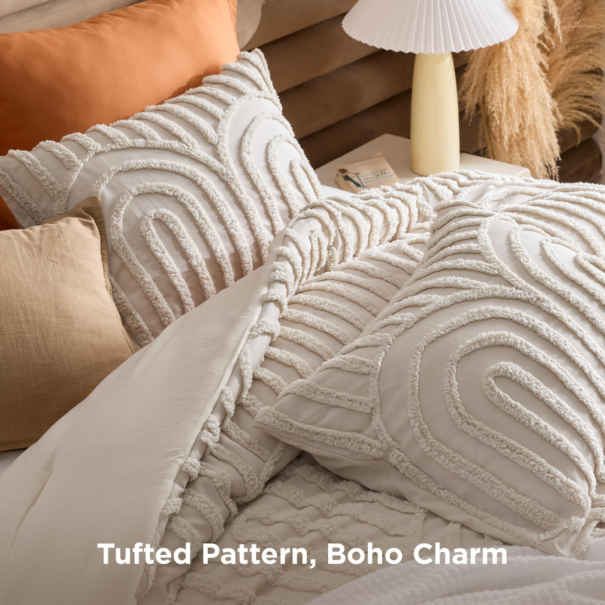 Boho Comforter Set Queen, Bedroom Decor Cozy Bedding Set Beige