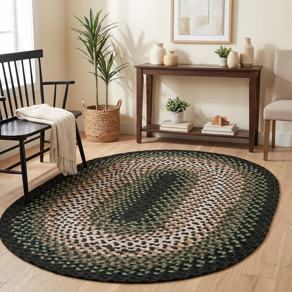 Oval Green - Ivory Oval Braided Rug for Farmhouse Style Bedrooms and Living Rooms