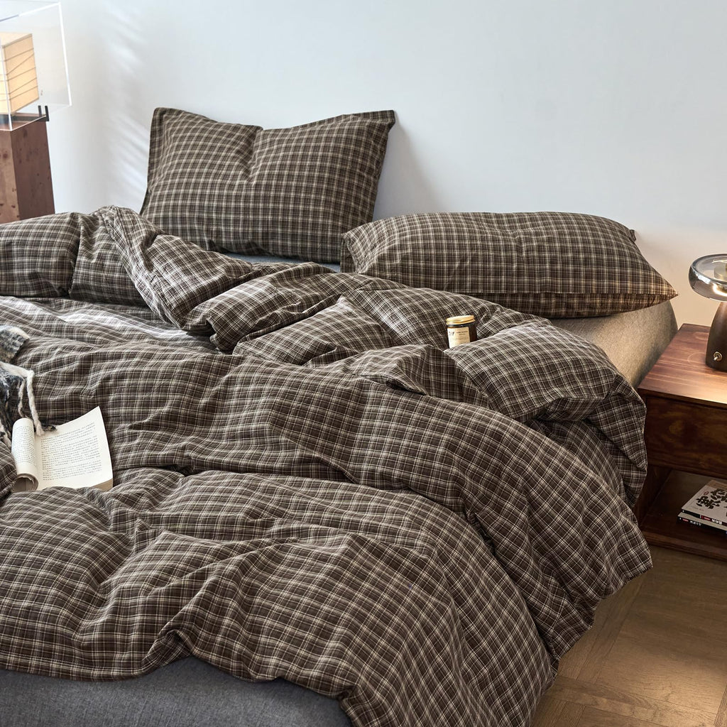 Vintage Buffalo Plaid Duvet Cover Set, 3 Piece Washed Cotton Brown Gingham Duvet Cover with 2 Pillowcases