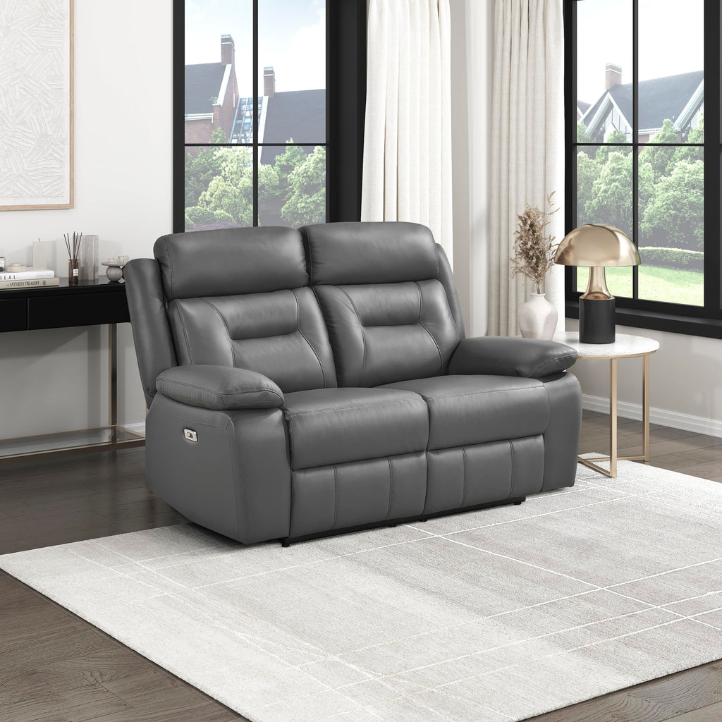 Top Grain Leather Match Power Double Recliner Loveseat, Dark Gray