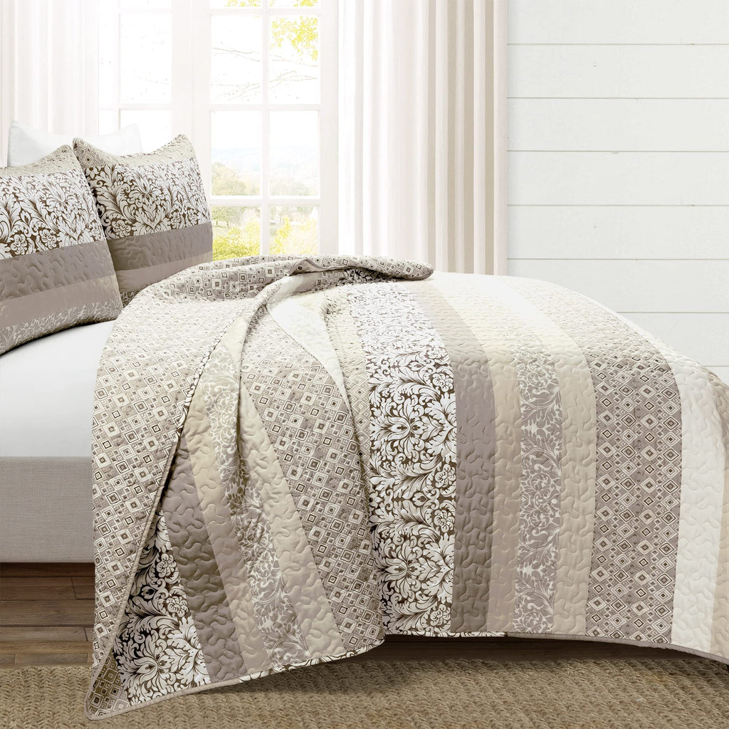 Boho Stripe Reversible Cotton Quilt 3-Piece Set, Neutral - Bold Colorful Bohemian Bedding Set