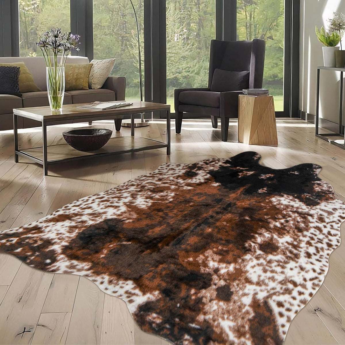 Cow Print Faux Cowhide Rug, Fluffy Fur Washable Cow Rugs Bedroom Animal Print Hide Skin Rustic Western