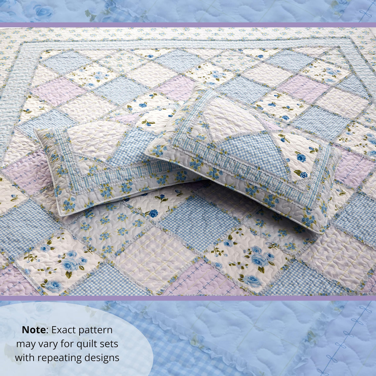 Garden of Blues 2-Piece Quilt Bedding Set - Shabby Chic Floral Patchwork Reversible Coverlet with 1 Matching