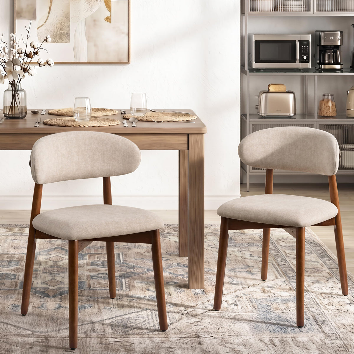 Mid Century Modern Dining Chairs Set of 2, Farmhouse Wooden Velvet Fabric Upholstered Kitchen Chairs with Curve Back