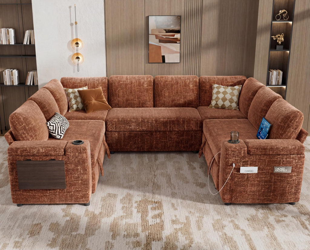 111" Modular Sectional Sleeper Sofa with Pull Out Bed, 8 Seat Chenille U Shaped Couch with USB Ports|Cup Holders|Side