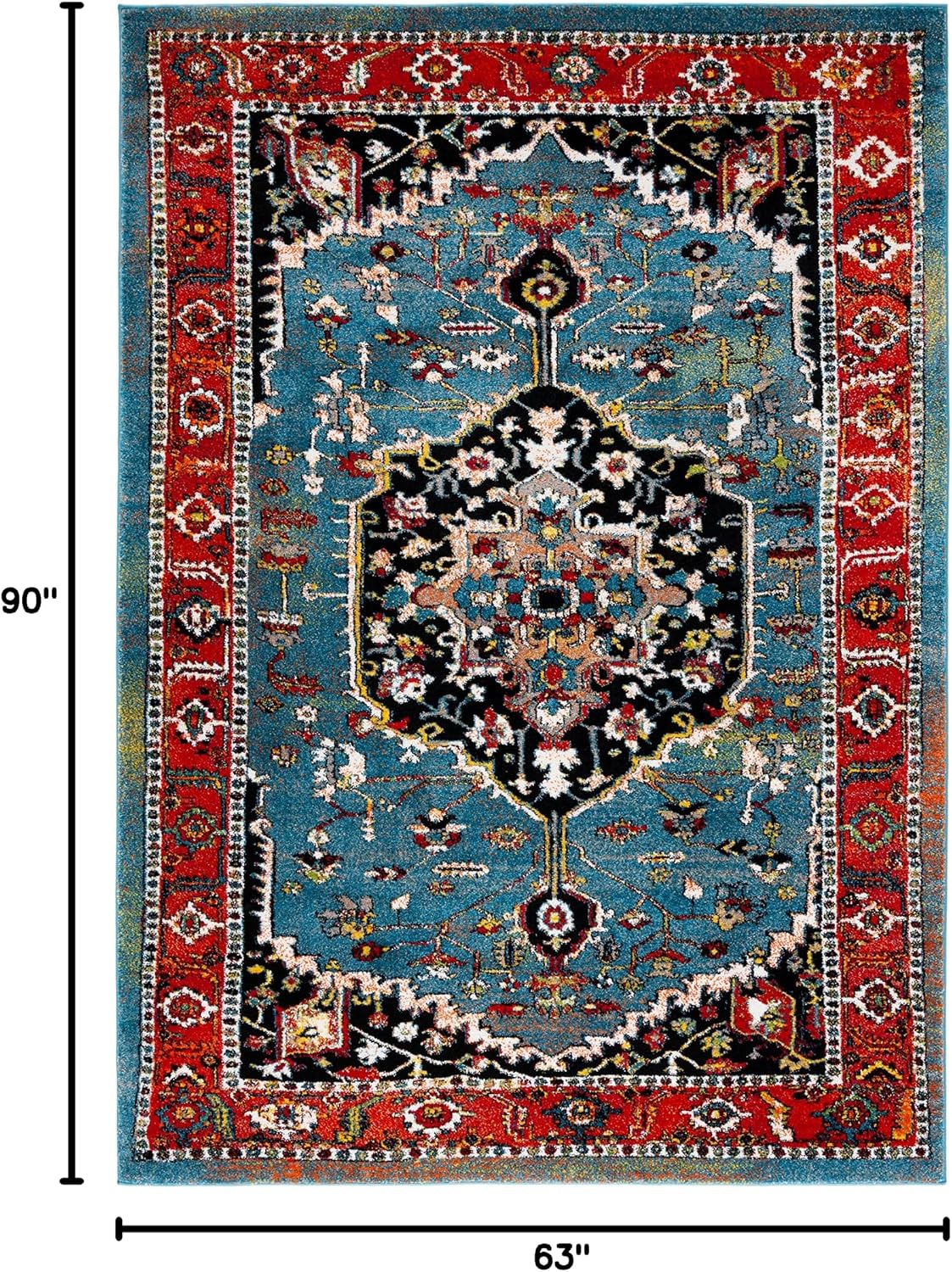 Vintage Hamadan Collection Area Rug, Blue & Red, Traditional Oriental Medallion Design, Non-Shedding &