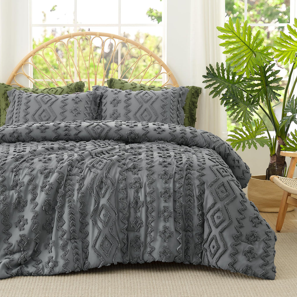 Tufted Boho Comforter Set Queen Size, 3 Pieces Soft Textured Bed Set, Lightweight Breathable Comforter for All