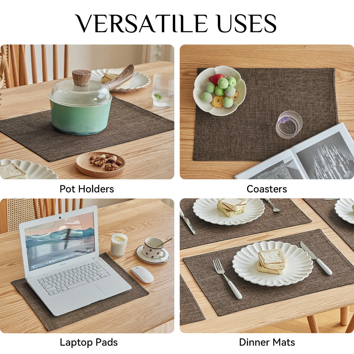 Faux Linen Cloth Placemats Set of 4-12 x 18 Inch, Brown