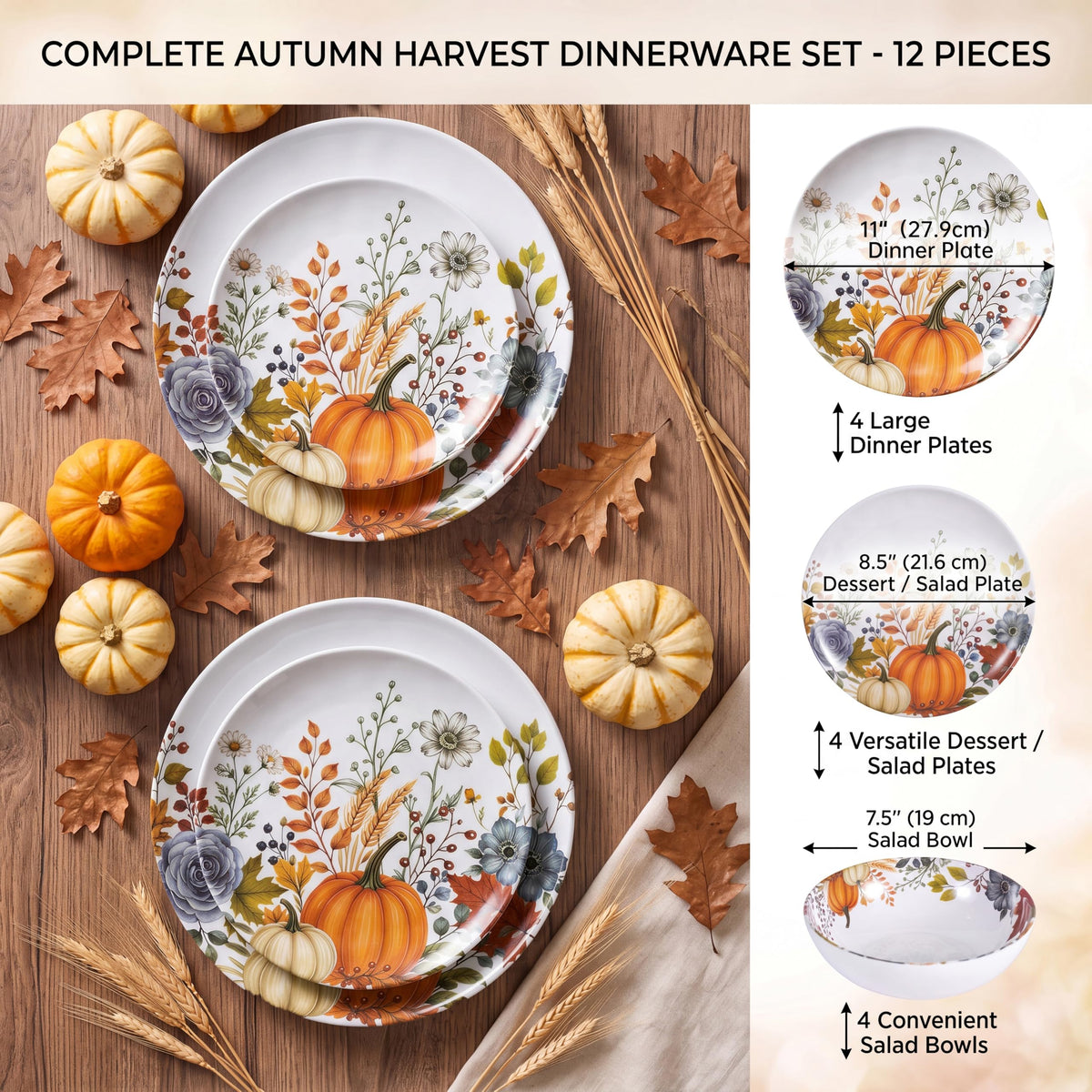 12pcs Melamine Dinnerware Set - Fall Pumpkin Plates and Bowls for RV
