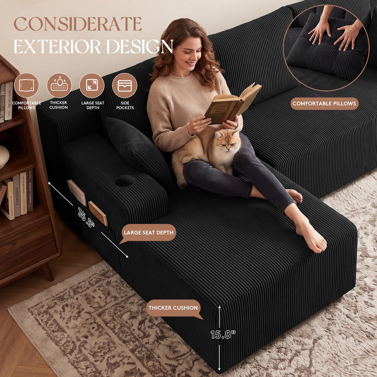 Cloud Sectional Boneless Couches, Modular L Shaped Couch with Deep Seat Oversized Left Facing Chaise, Memory Foam