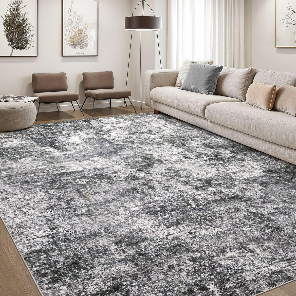 Area Rug Living Room Rugs Washable Abstract Grey Carpet