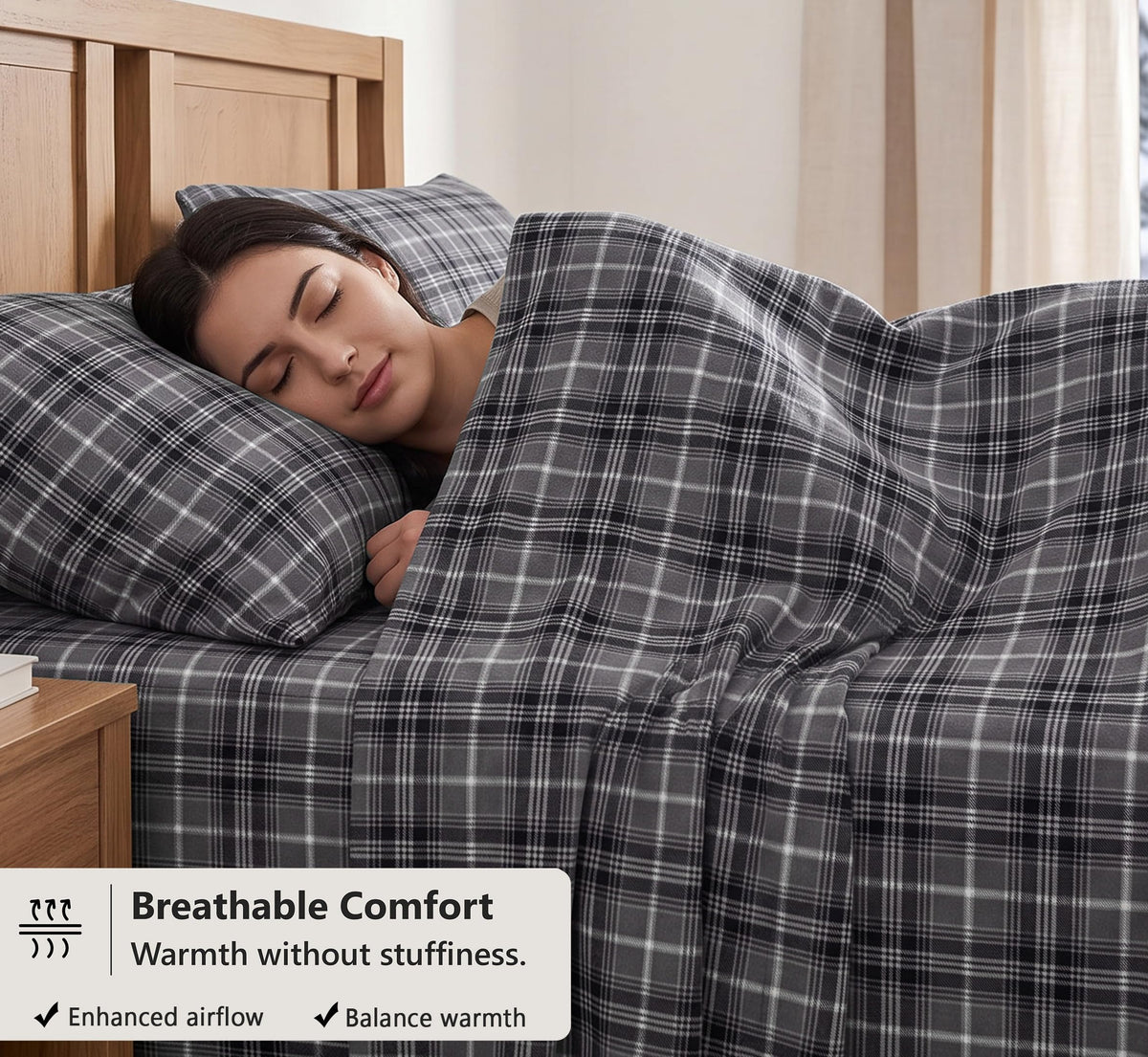 100% Cotton Flannel Sheets 4 Pcs Set, Grey Plaid