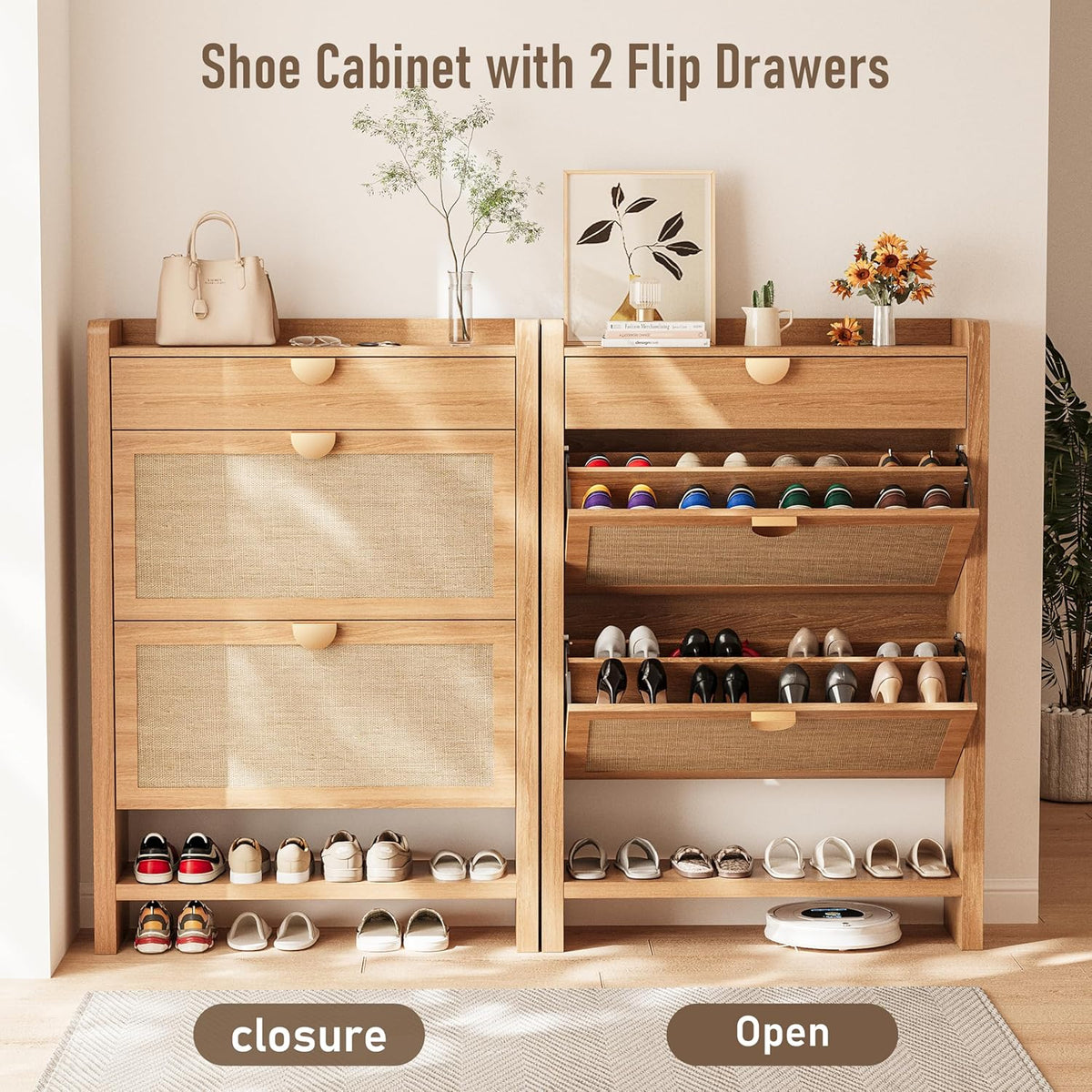 Rattan Shoe Storage Cabinet, Shoe Organizer with 2 Flip Drawers, Narrow Shoe Cabinet, Free Standing Hidden Shoe