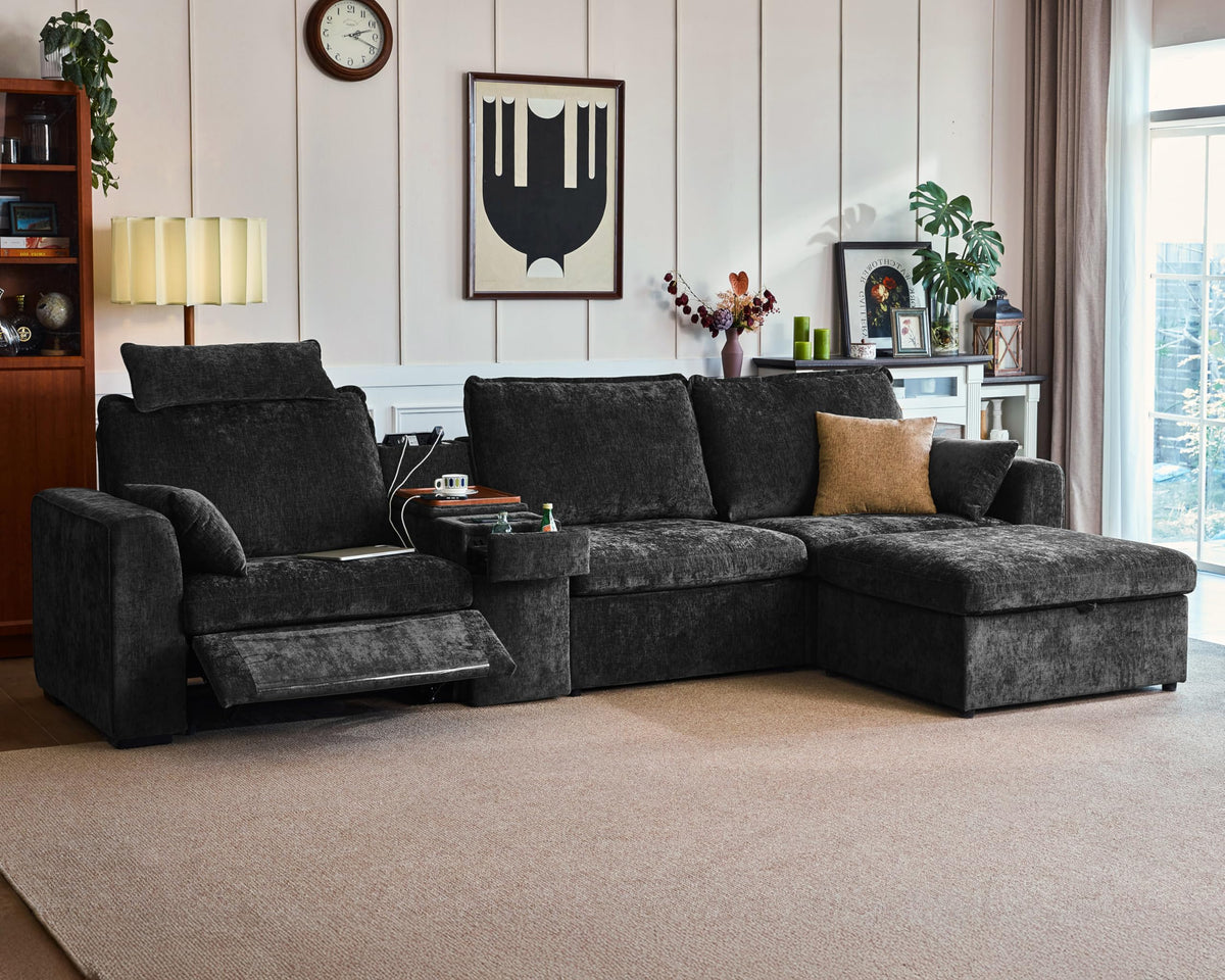 139" Modular Power Recliner Sectional L-shaped Couch with Ottoman, Chenille