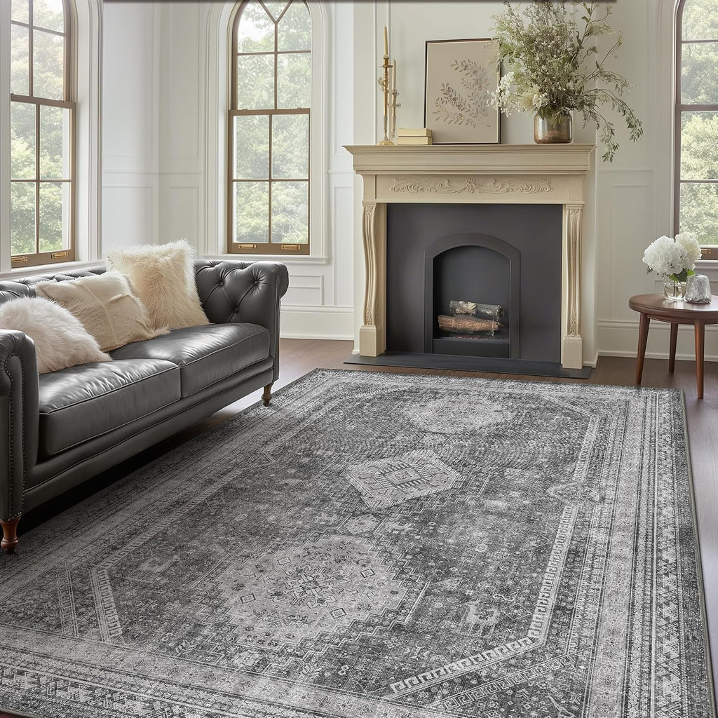 Non Slip Area Rug, Vintage Washable Rug Grey