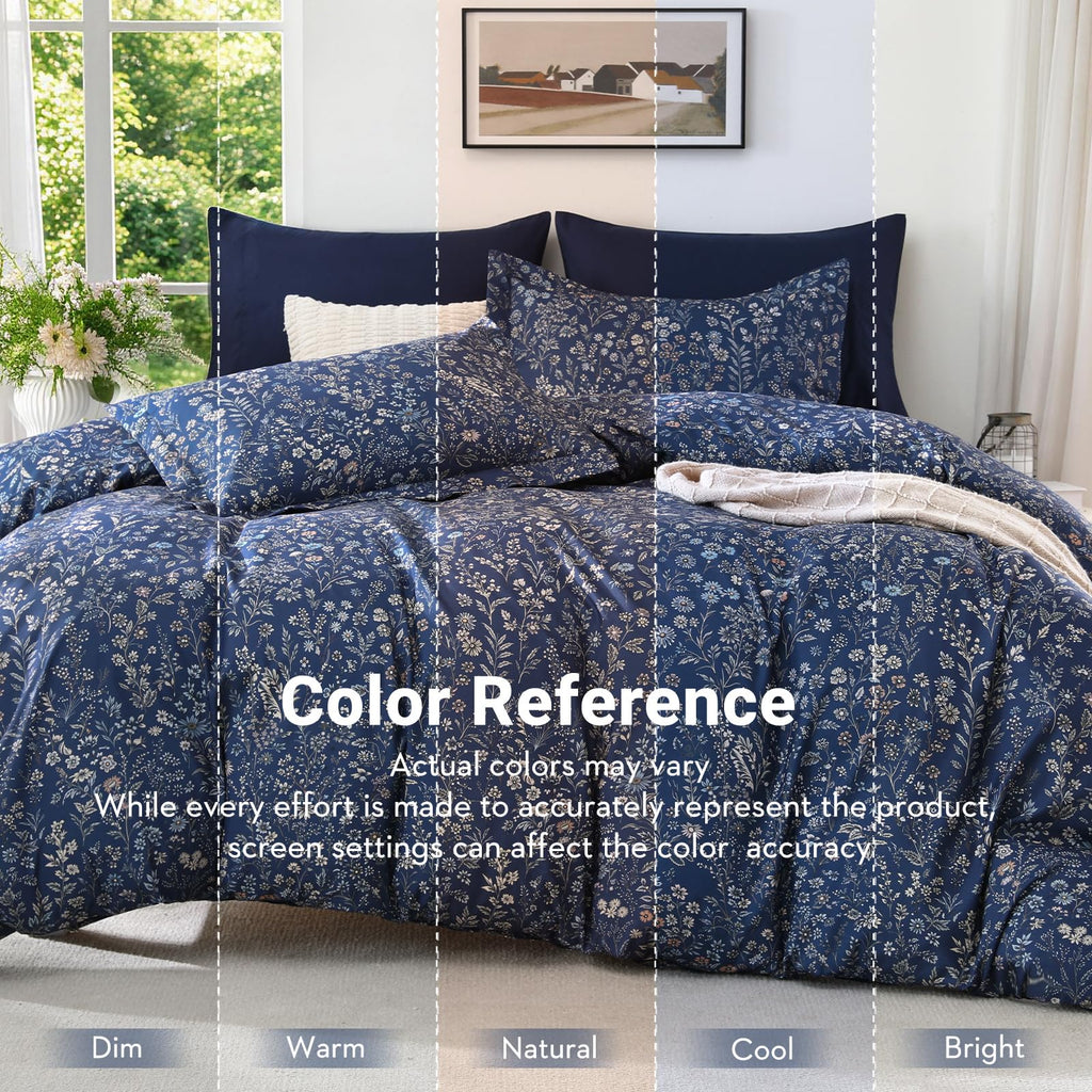 Duvet Cover, 3-Piece Floral Navy Blue Bedding Set