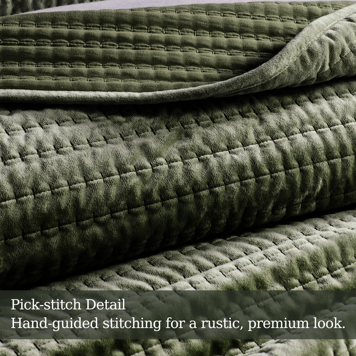 Velvet California Oversized Quilt Set - Olive Green Striped Pick Stitch Soft Lightweight Bedspread