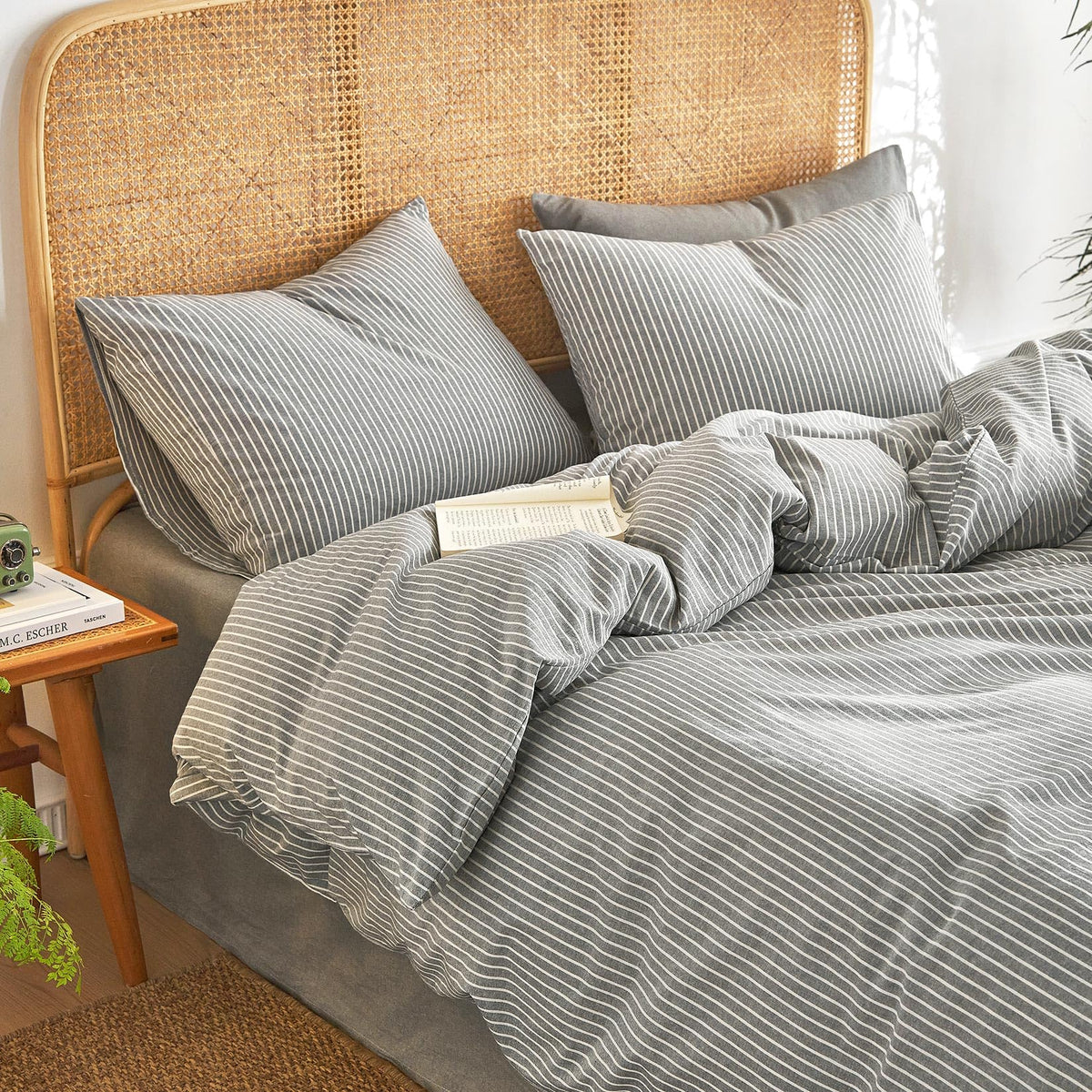 Striped Cotton Duvet Cover Set, Grey
