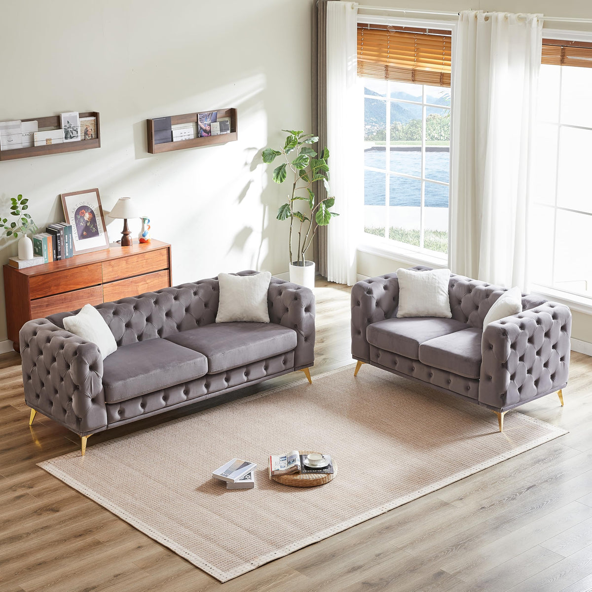2-Piece Luxury Chesterfield Sofa Set with 1 Velvet 3-Seater Sofa & 1 Loveseat Sofa, Mid-Century 5-Seater Tufted
