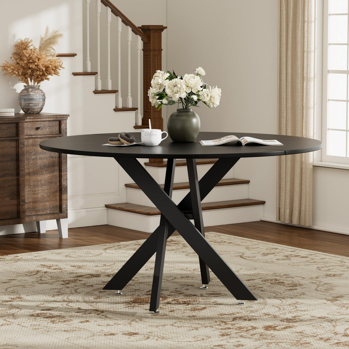 Inspired Saarinen Style 47" Modern Round Kitchen Table for 2-6, Save Space Black Wooden Circle Dining Table with Wooden Table Top &