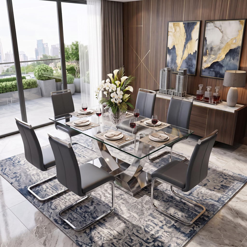 Glass Dining Table Set for 6, 71" Modern Dining Table Set for 6