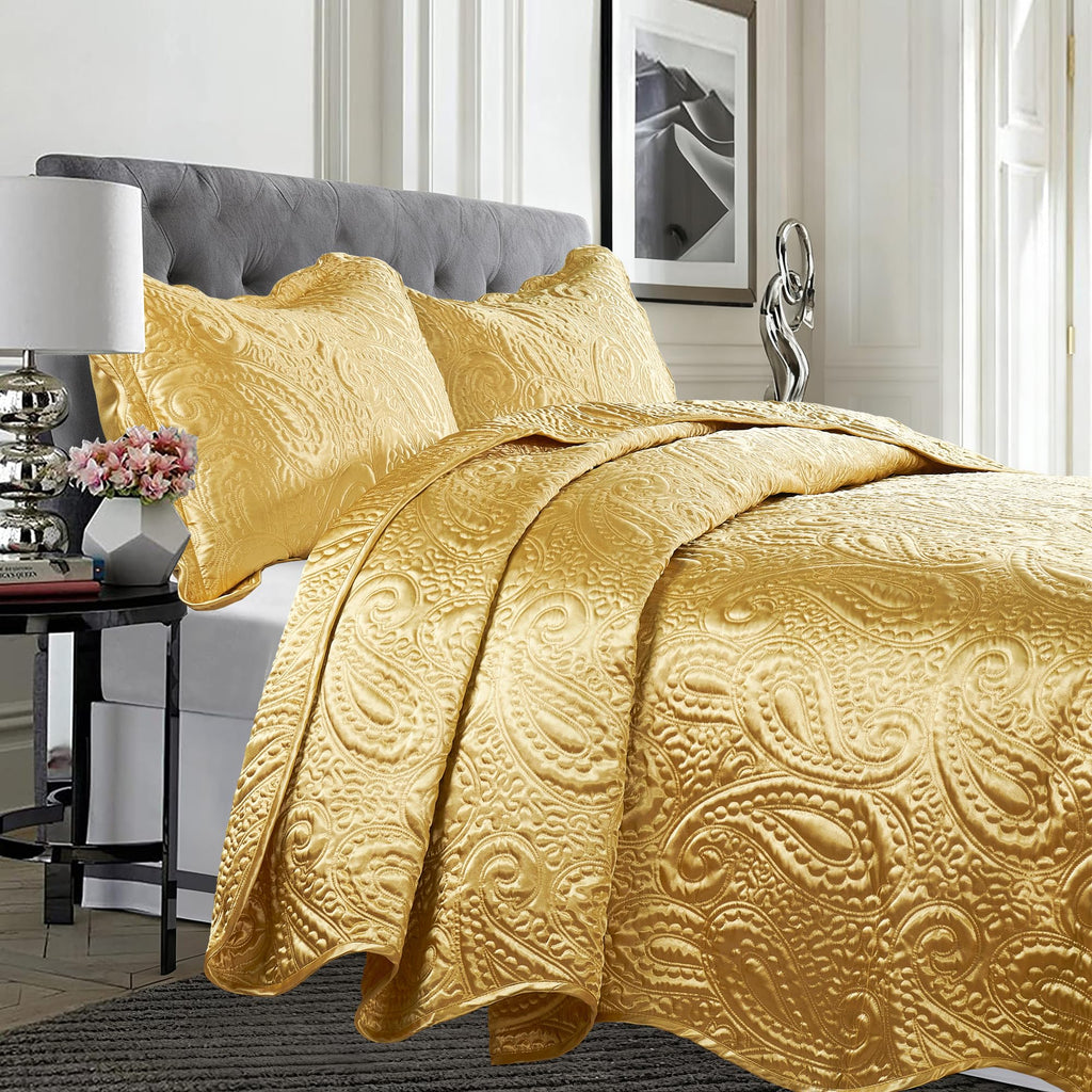 Quilted Satin Bedspread Set - 3-Piece Luxury Reversible Bed Cover
