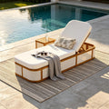 Teak Finish Acacia Wood Chaise Lounge Set with Cream 2-Fold Cushion, Outdoor Recliner Chair with 3-Position
