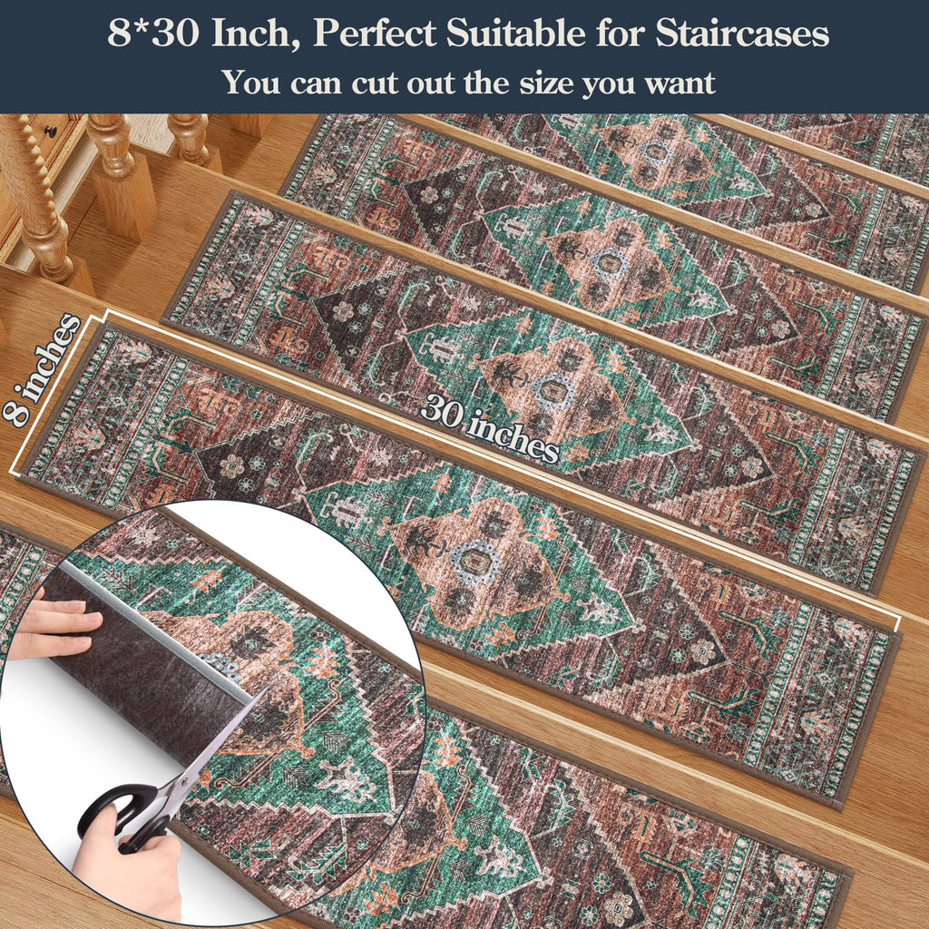 Non Slip Indoor 15 Pack 8" X 30" Carpet Treads for Wood Stairs, Washable Self Adhesive Stair Runners Soft Surface