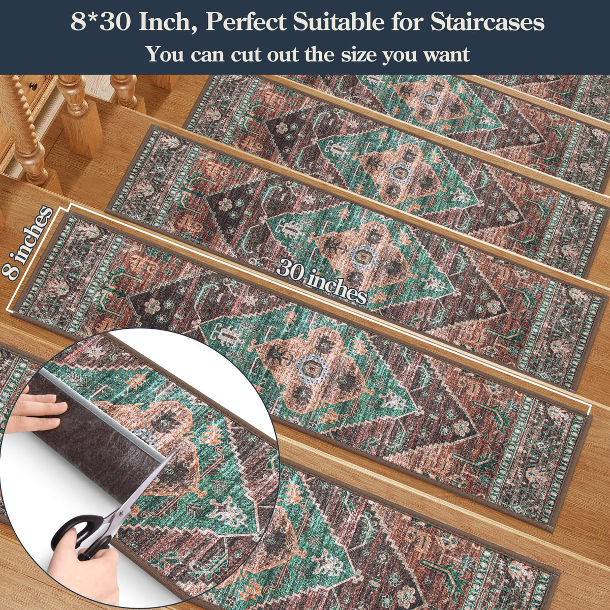 Non Slip Indoor 15 Pack 8" X 30" Carpet Treads for Wood Stairs, Washable Self Adhesive Stair Runners Soft Surface