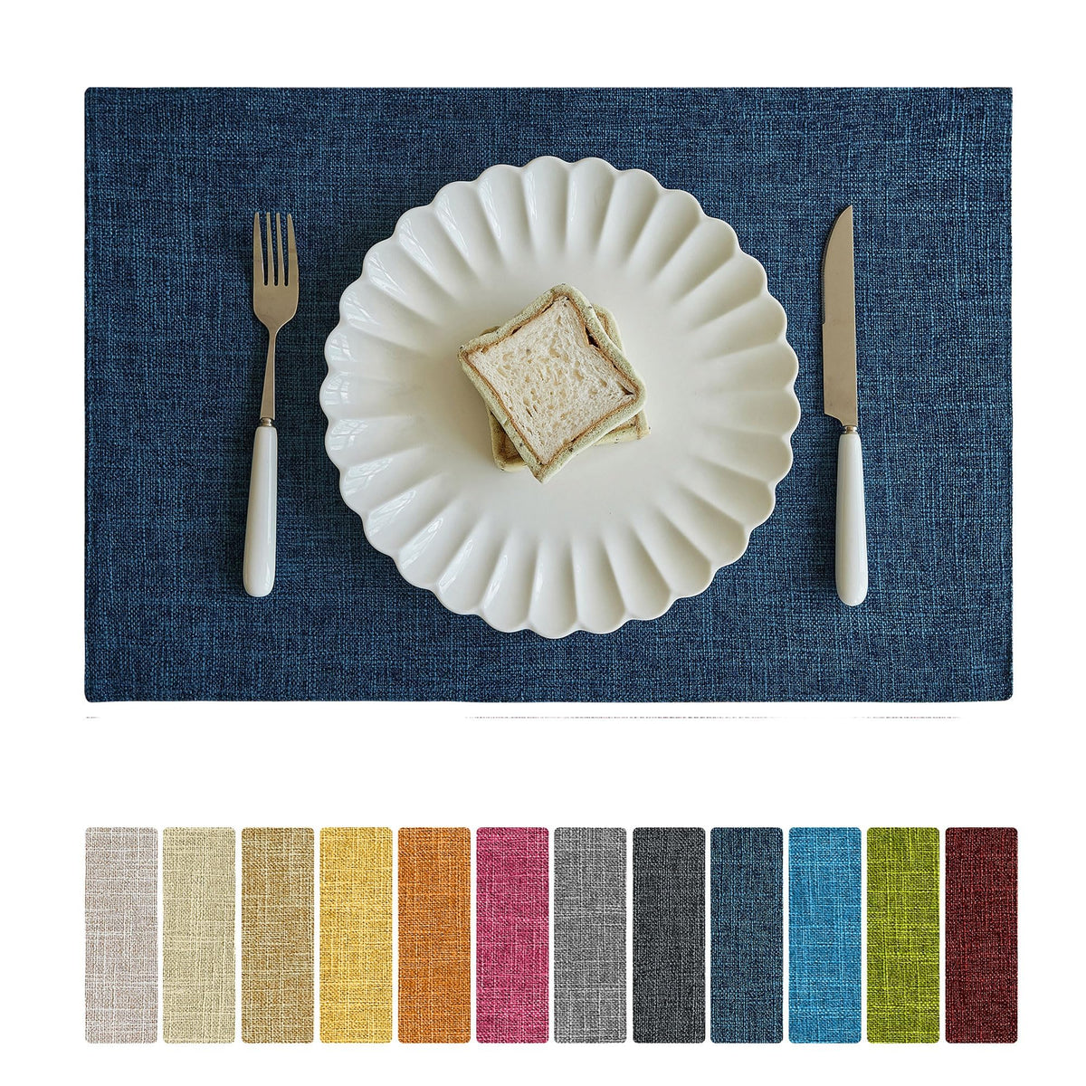 Faux Linen Cloth Placemats Set of 12-12 x 18 Inch, Navy