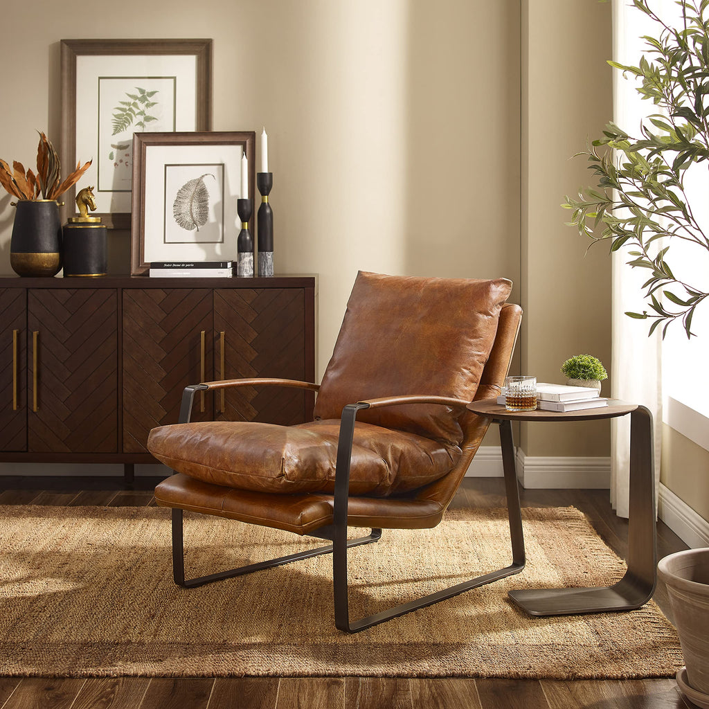 Genuine Leather Accent Chair, Mid Century Modern Living Room Chair Lounge Sofa Chair with Black Metal Frame, Cognac