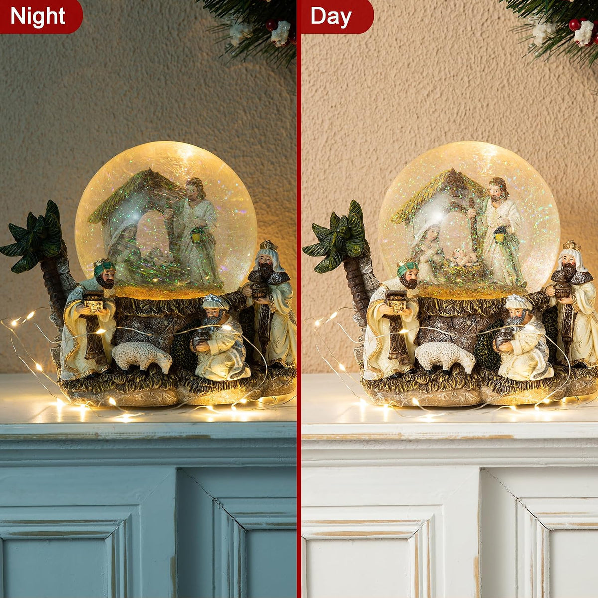 150mm Lighted Musical Christmas Snow Globe,Oversized Resin Holy Family Nativity Figurines Scene Water Globe,Xmas