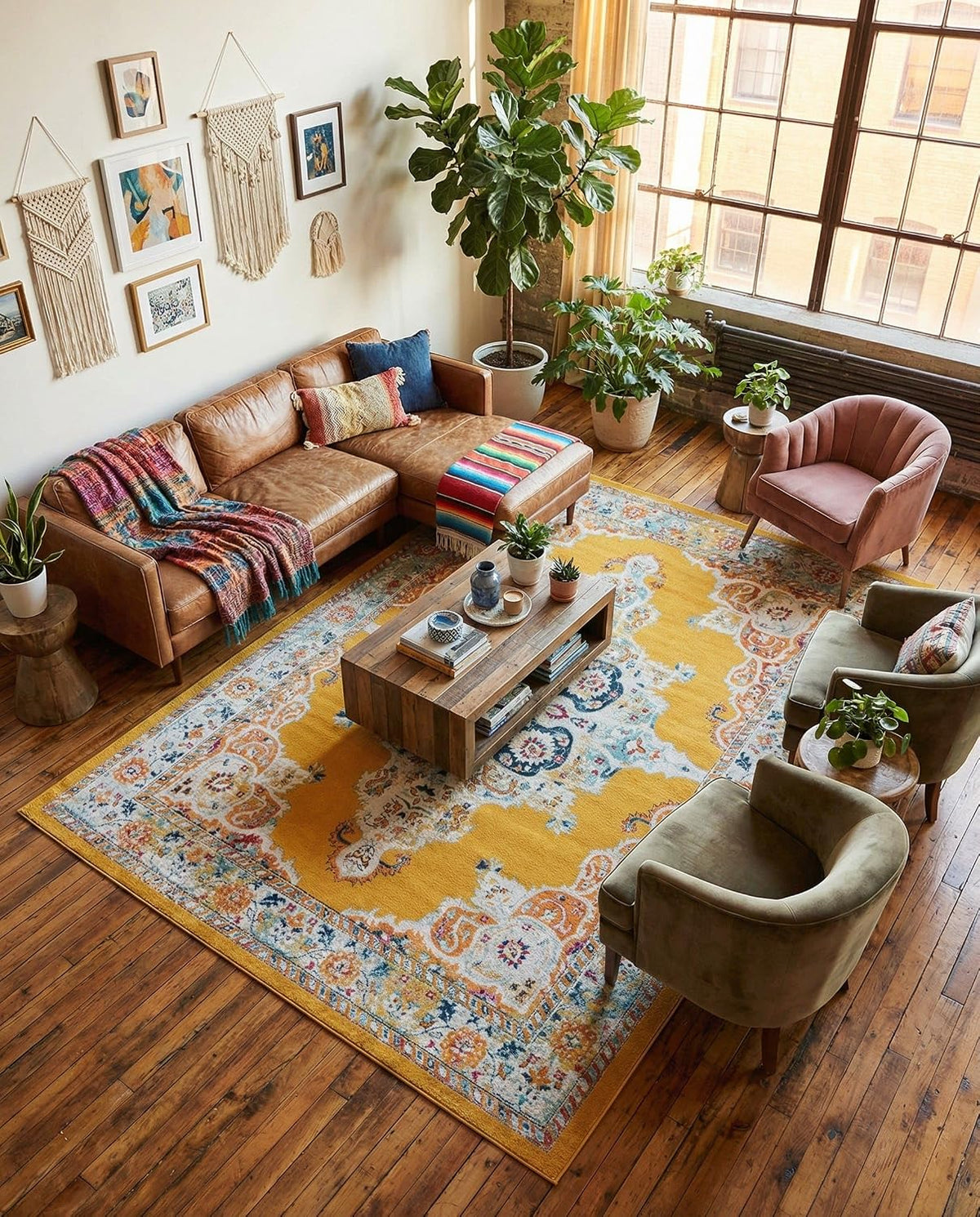Parker Rug - Yellow Easy-Clean Rug - Vintage Medallion Style for Living Rooms and Large Bedrooms