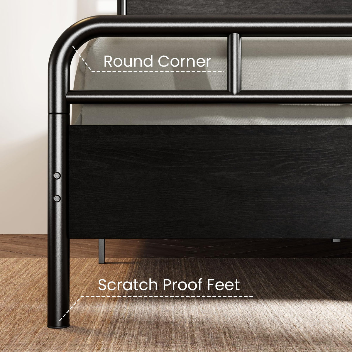 Bed Frame with Vintage Industrial Wood Headboard, Heavy Duty Metal Platform with 12" Under-Bed Storage