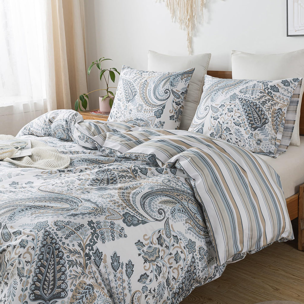 Cotton Duvet Cover Queen - 3pcs Paisley Comforter Cover, Soft & Breathable Floral Bedding Duvet Cover Sets with