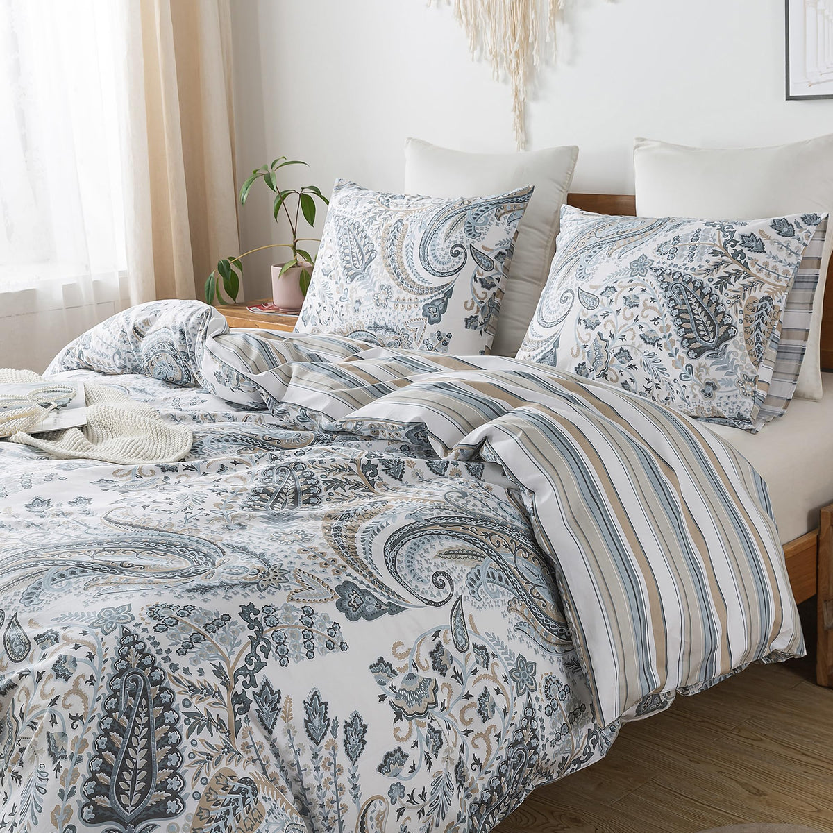 Cotton Duvet Cover Queen - 3pcs Paisley Comforter Cover, Soft & Breathable Floral Bedding Duvet Cover Sets with