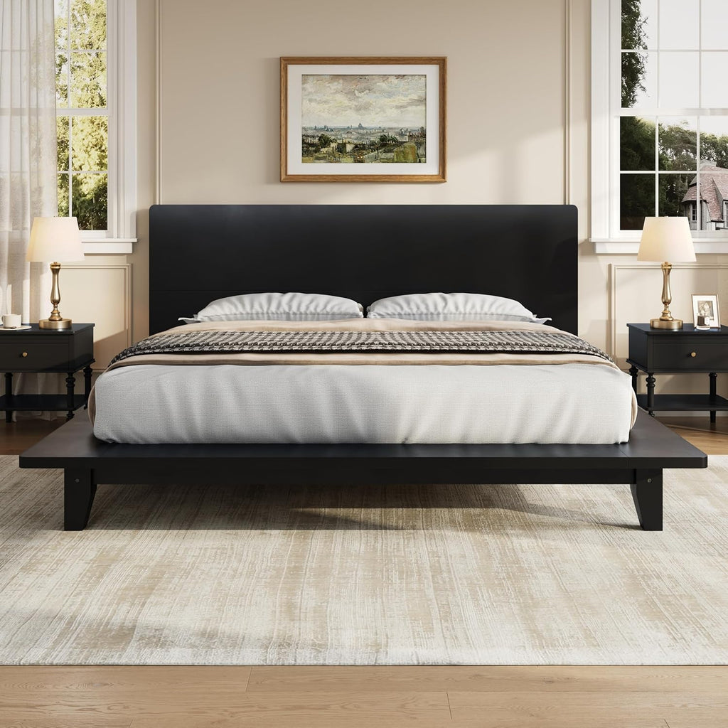 Mid-Century Full Size Wooden Bed Frames, Pine Wood Japanese Low Platform Bed with Brown Headboard, 7 inch Low Under