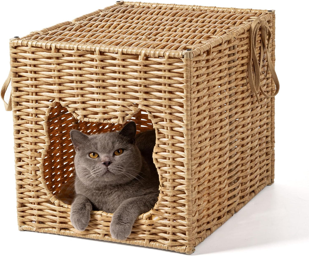 Handwoven Small Cat Bed Cave for Kallax Shelf, 13"x13"x15" Rattan Cat House for Indoor Cats Kittens and Small Pets