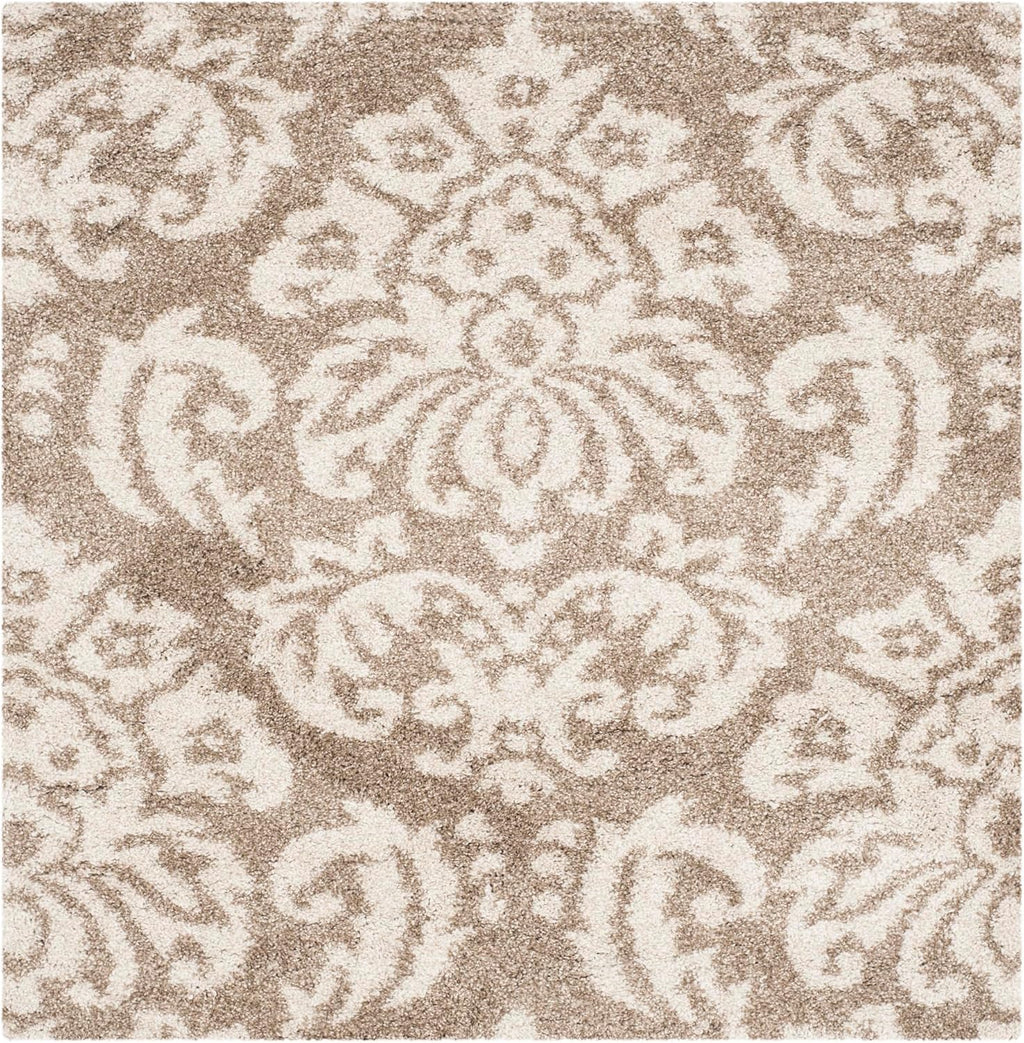 Florida Shag Collection Area Rug - 4' Square, Beige & Cream, Damask Design, Non-Shedding & Easy Care, 1.2-inch Thick