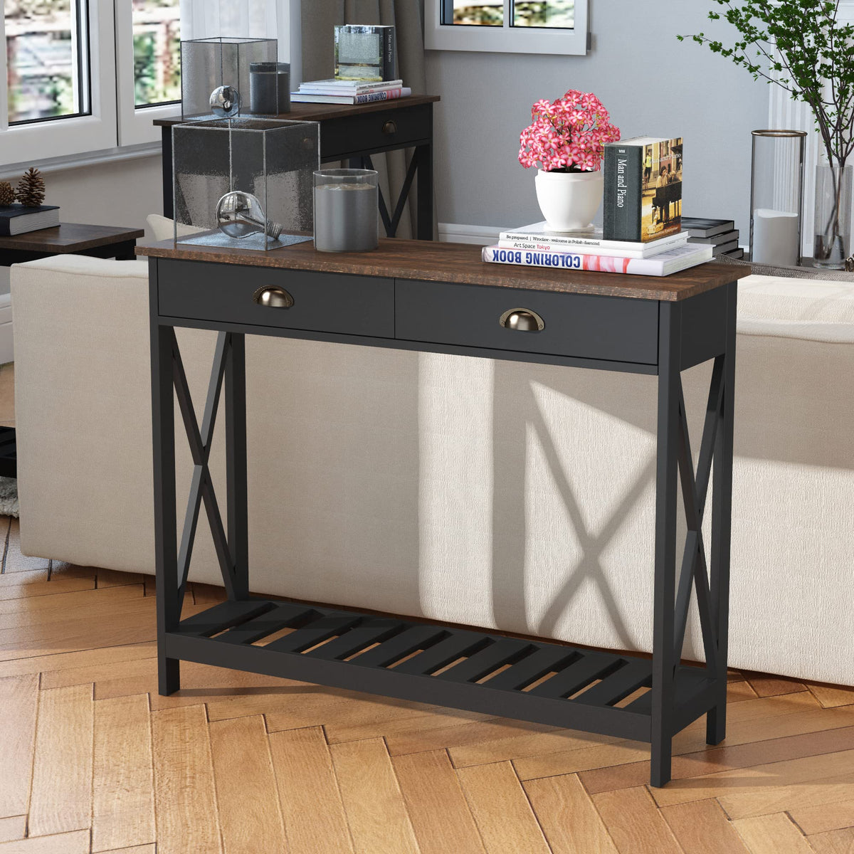 Farmhouse Console Table with Drawer, Narrow Long Entry Table with Shelf, Rustic Vintage Hallway Sofa Table with