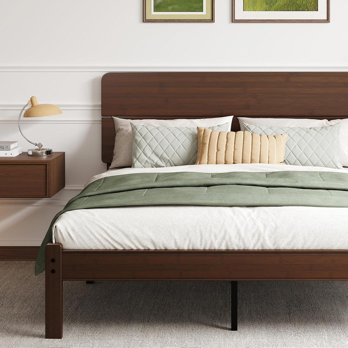 14in High Solid Bamboo Wood Platform Queen Bed Frame with Headboard, Reinforced Heavy Duty Metal Slats, Noise Free
