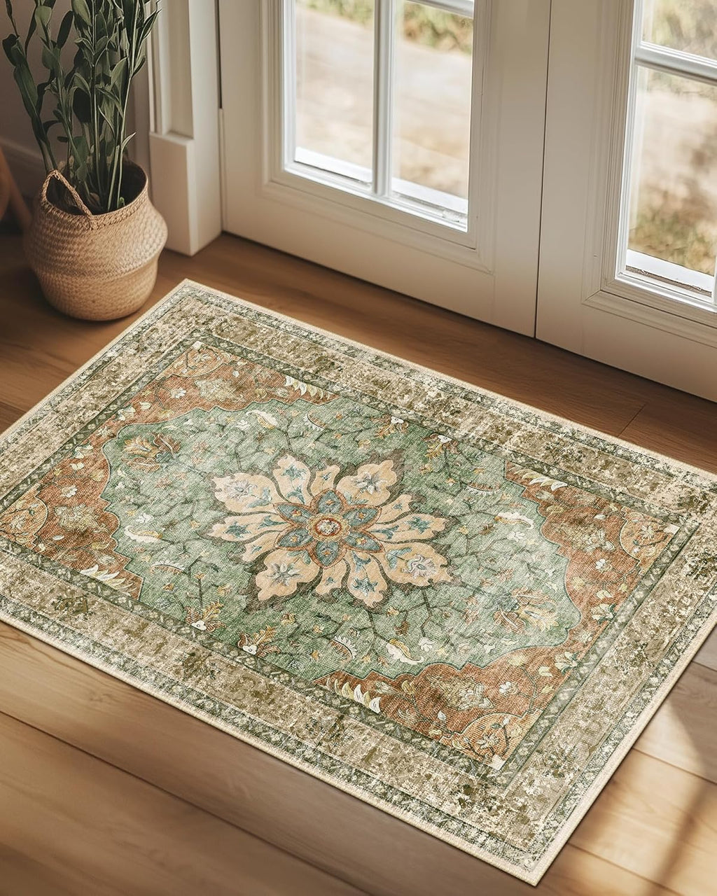 Area Rugs Washable Non-Slip, Floral Vintage Distress Print Pattern Medallion Carpet for Living Room Bedroom Dining Room