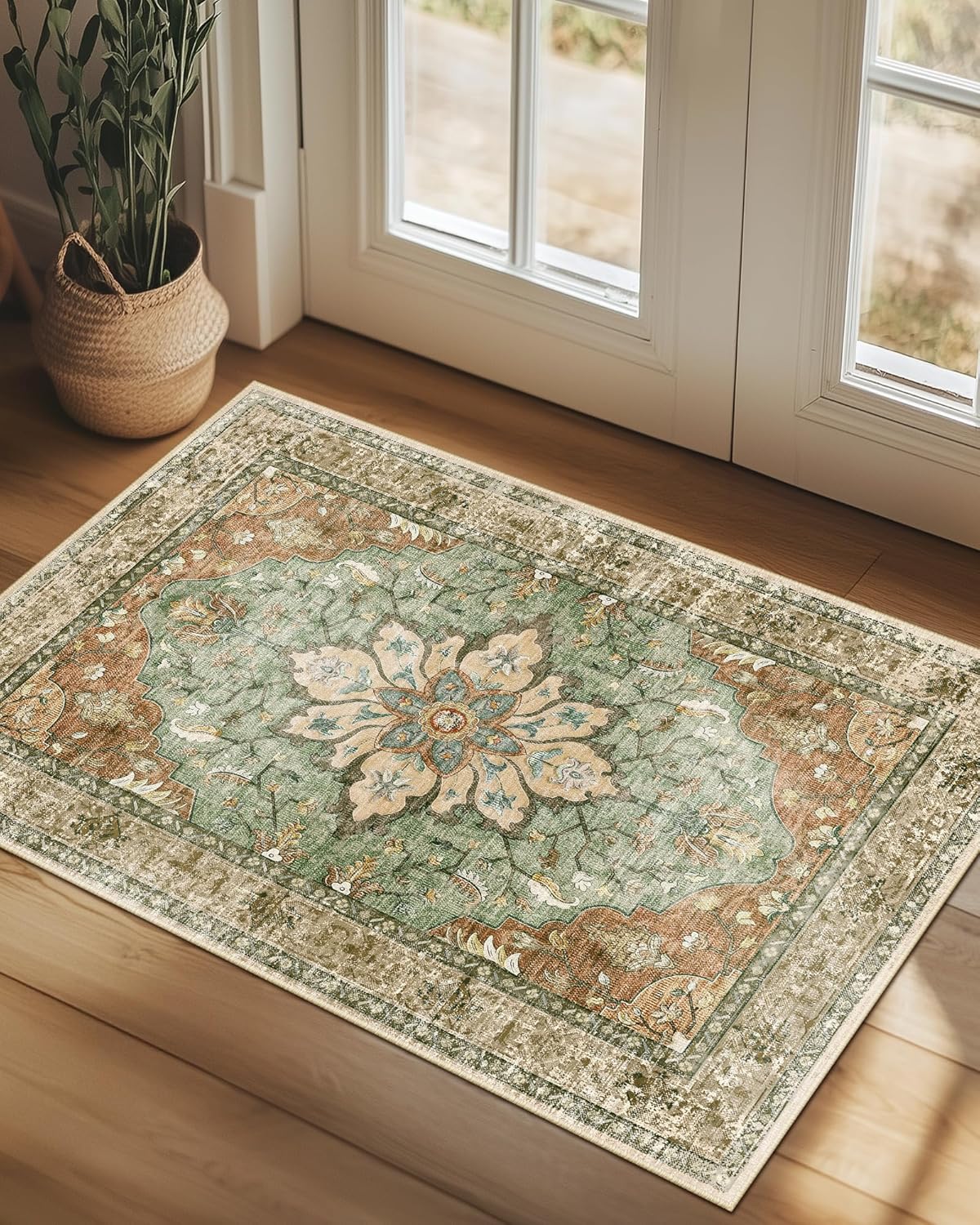 Area Rugs Washable Non-Slip, Floral Vintage Distress Print Pattern Medallion Carpet for Living Room Bedroom Dining Room