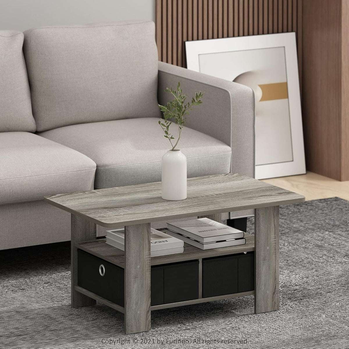 Andrey Coffee Table with Bin Drawer, French Oak Grey/Black