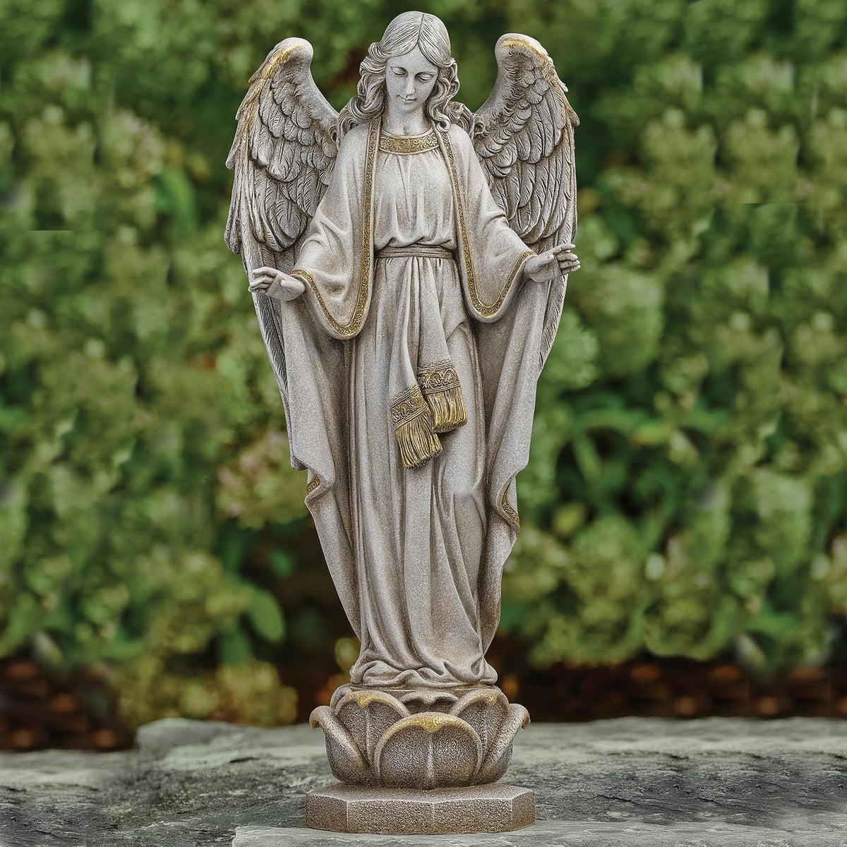 By , 23" Angel on Pedestal Garden Statue, Outdoor Religious Angel Sculpture with Stone Finish